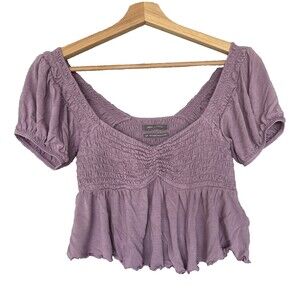 BP Babydoll Shirred Crop Top Womens S Purple Tulip Ruched Puff Sleeve Peplum